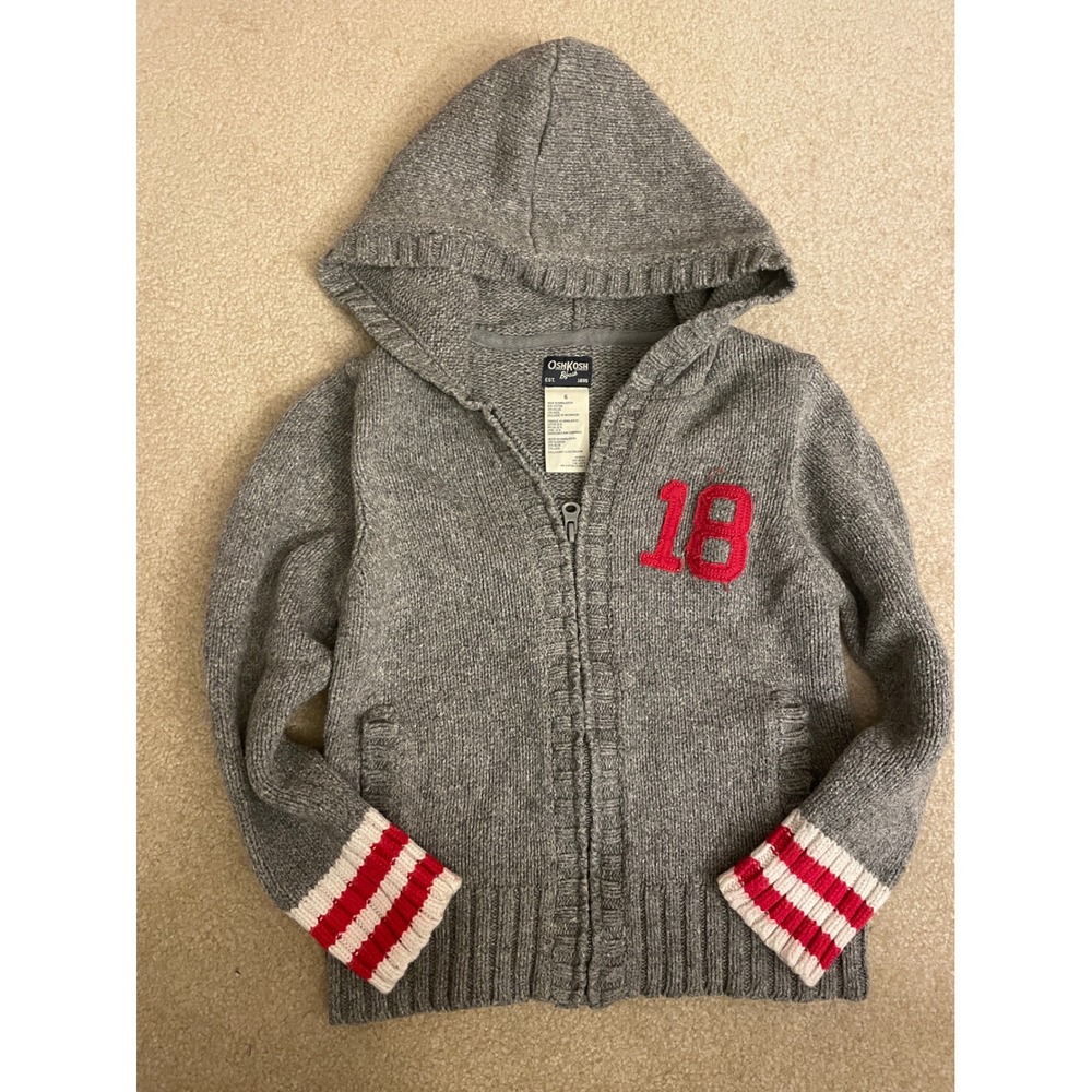 OshKosh‎ Bgosh Gray Knit Hoodie Full Zip Red 18 Applique Stripe Cuffs Size 6